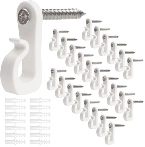 Huakaile 30pcs Hooks for Garden Lights with Safety Buckle Design, Anti-Rust Waterproof Fence Hooks for Outdoor Lights, Hanging Plants Wind Chime Basket Decorations Indoor Use (White, 30)