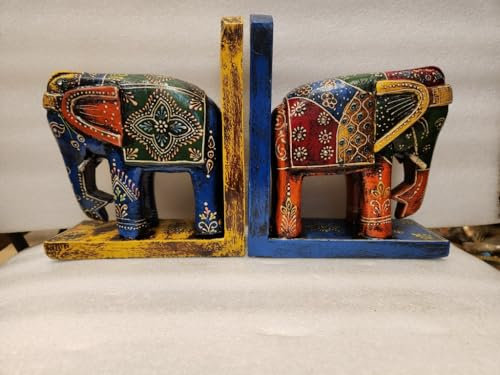 Große 22,9 cm große Buchstützen aus Holz, Mangoholz, Elefantenschnitzbuchstützen, Bürodekoration, Arbeitszimmer-Dekor, Tierstatue, handgefertigtes Produkt