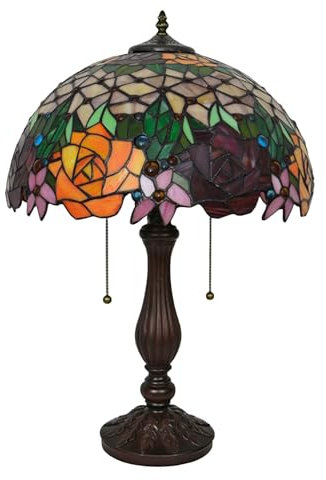 BOTOWI Tiffany Lampe Rosenstil Tischlampe Handgemachte Buntglaslampe Schirm Vintage Rot Orange Blumen Nachttisch Leselampe 16X16X22 Zoll für Arbeitszimmer Nachttisch Wohnzimmer