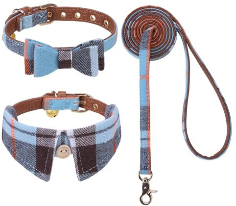 KOOLTAIL Set mit Halsband und Leine für kleine Hunde mit Fliege und Glöckchen – Welpenhalsband und Leine für Damen/Herren mit klassischem Karomuster, weiches Leder für kleine Hunde, Jungen, Mädchen,