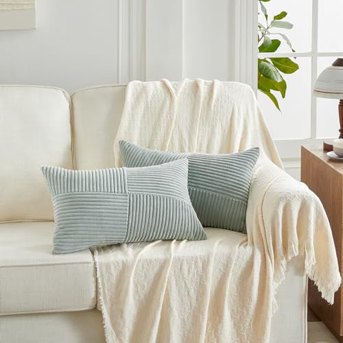FDTERN 2er Set Graublau Boho Dekorativ Kissenbezug 30x50 mit Diagonales Gestreiftes Muster Weich Kordsamt Kissenhülle Zierkissenbezüge Sofakissen Dekokissen Deko für Sofa Schlafzimmer Wohnzimmer