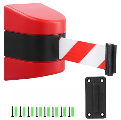 QWORK® 10m Einziehbare Gürtelbarriere mit ABS-Kunststoff-Wandgehäuse, Rot/Weiß Absperrband mit Verriegelungsfunktion für Menschenmengenkontrolle bei Veranstaltungen