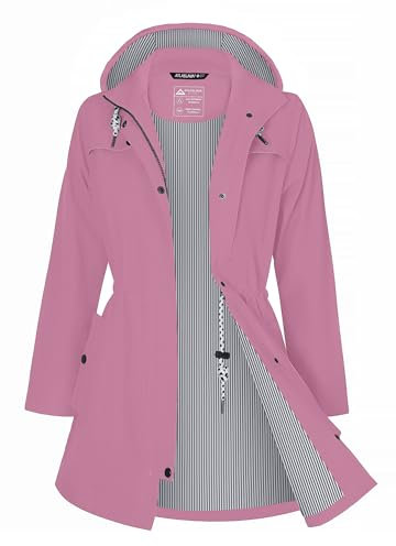 ATLASLAVA Regenjacke Damen Lang Wasserdicht Kapuze Regenmantel übergangsjacke Trenchcoat Outdoor Mantel Trockene Rose L