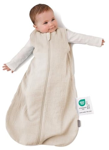 LaLoona Sommerschlafsack Mull, ärmellos - Leichter Baby Schlafsack ohne Ärmel für Sommer und Frühling, 0.5 TOG, 100% Baumwolle, ÖkoTex Standard 100 - Beige - 90 cm