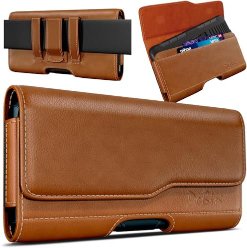 DeBin Holster for iPhone 16 Pro 16e 15 15Pro 14 13 12 11 Xs 10 X XR – Cell Phone Belt Holder for Men, Built-in ID/Card Carrying Pouch, (Fits Phone with Case on), Brown