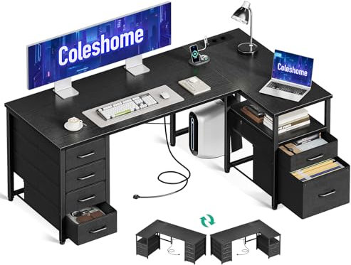 Coleshome Scrivania Angolare con Tessuto Cassetti, Reversibile Scrivania a l con Cassetto Portadocumenti, Scrivania per Computer con Porta di Ricarica USB e Presa di Corrente (Nero, 140x70cm)