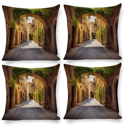 NQLYUT Dekokissenbezüge, 4er-Set, italienische Straße, quadratisch, Couchkissen, Plüsch-Kissenbezüge für Wohnzimmer, 4 Stück