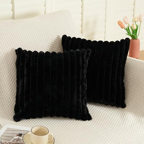 ORANIFUL Schwarz 50x50 Fell Kissenbezüge Set 2-teilig Kuschelkissen Flauschig Kissenhülle Streifen Design Kissen Hülle für Sofa Couch Bett Weicher Fake Fur Bezug Moderne Dekokissen