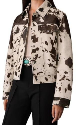 JOLILUNA Jacke mit Kuh-Print für Damen, Western-Cowgirl-Outfit, Knopfleiste, Cropped-Jacke, Herbst, ästhetische Streetwear, Weiß und Braun, S