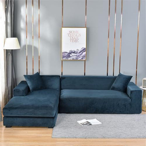 Odot Sofa Überzug,Weich Silberfuchssamt Sofabezug Ecksofa,Couch Überzug für 1/2/3/4 Sitzer,Modern Sofa Überzug,rutschfest Elastische Sofabezug L Form Sofaschoner für Schmücken (Marineblau,3 Sitzer)
