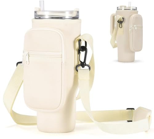 Water Bottle Carrier Bag with Phone Pocket for Stanley Cup 40oz, Insulated Neoprene Water Bottle Holder with Phone Pocket & Adjustable Shoulder & Handheld Strap (Creamy White)