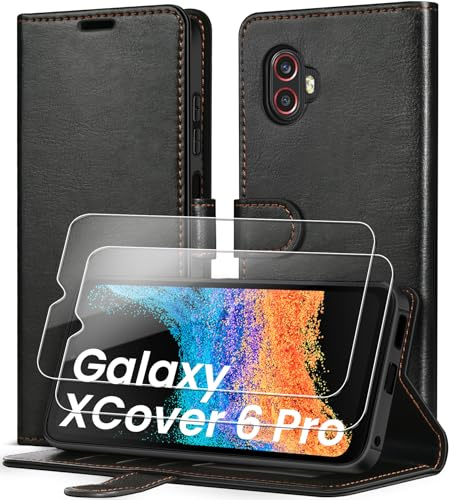 ivoler Coque pour Samsung Galaxy Xcover 6 Pro avec 2 Pièces Verre Trempé, [Blocage du Signal RFID] Housse en Cuir PU Premium Etui à Rabat Étui de Protection Antichoc Pochette de Portefeuille, Noir