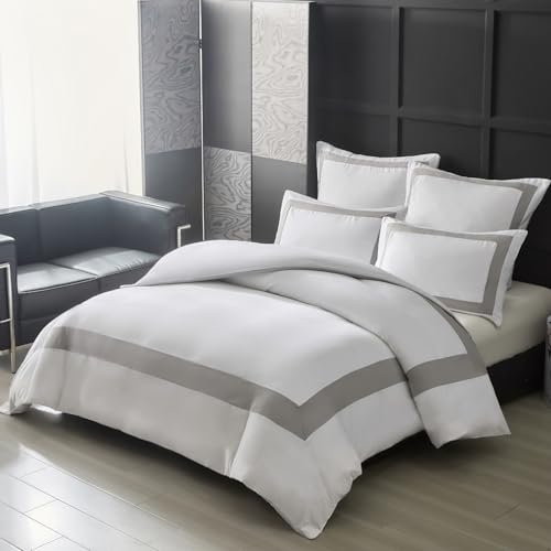 Tokokimo White Double Duvet Cover Set Hotel Quality Bedding Grey Striped Double Duvet Set Ultra-Soft Brushed Polyester (1x Quilt Cover, 2x Pillowcases) Grey Duvet Cover 200x200 cm