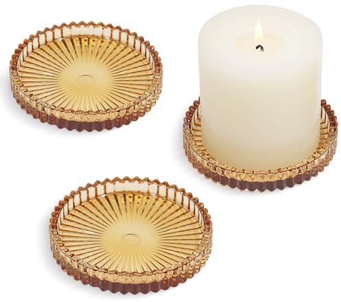 HofferRuffer Kerzenteller Kerzenständer Glas 3er Set,10cm rund Kerzenhalter,Kerzenleuchter für Stumpenkerzen,Teelichter,Bernstein