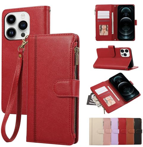 Rosbtib Custodia per iPhone 12 Pro Max 5G 2020 6.7 Pollici Custodia in Pelle Chiusura Magnetica a Zip Cover Portafoglio con 4 Slot per Schede Funzione Stand Retro iPhone 12 Pro Max Cover, Rosso