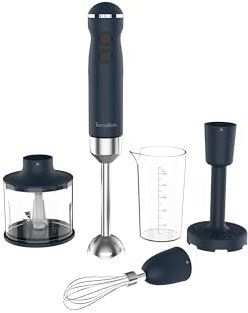 TERRAILLON - NEW MOON- Mixeur plongeant Electrique, Lames Inox, Fonction Turbo, 1000W, VItesse variable, Gobelet doseur, fouet inox, Hachoir 600 ml, Presse purée, Corps Inox peint, Bleu