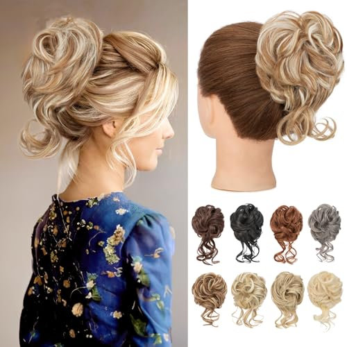 Benehair Dutt Haarteil mit Klammer Natürlich Messy Bun Haarteile für Dünnes Haar Synthetik Haar Scrunchies Haardutt Haarteile für Frauen Mädchen(Blond mit Weißblond, 75g)