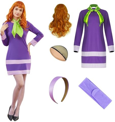 AYYOHON Velma Costume Daphné pour femme avec perruque, lunettes, pull, jupe, ensemble mini robe pour Halloween, cosplay, taille S