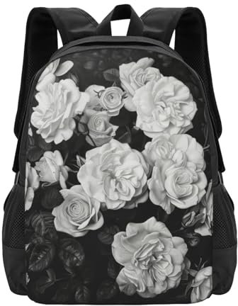 LEVNDIEJ Sac à dos décontracté avec imprimé rose noir et blanc - Grande capacité pour ordinateur portable de 15