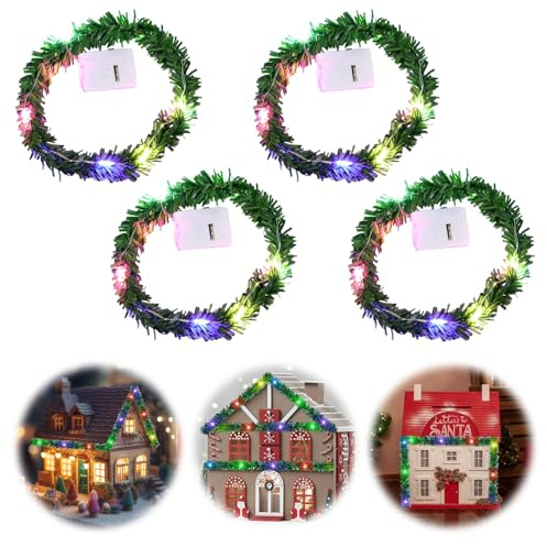 4 Stück Puppenhaus Mini LED Lichterkette, Wichtel Zubehör, Wichtelhaus Lichterkette, Bunte Weihnachten Beleuchtet, Miniatur Lichterkette für Weihnachts Wichtelhaus, Puppenhaus Möbel Leuchte