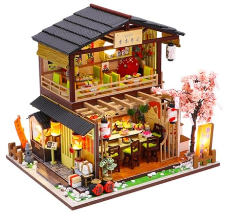 Puzzle 3D miniature en bois, magasin de sushis japonais vintage Gibbon fabriqué à la main, modèle de maison miniature à construire, décoration de vacances idéale et kit d'assemblage de cadeau pour