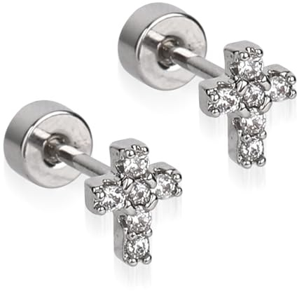 Winzige Zirkonia Kreuz Ohrringe, Flacher Rücken Kreuz Stecker Ohrringe Titanstahl Kleine Minimalistischer Schmuck für Frauen Männer Cartilage Tragus Piercing Modisches Geschenk (Silber)