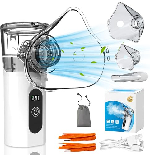 Weciau Inhalationsgerät für Erwachsene Kinder, Tragbar Vernebler Inhaliergerät mit LED Display Timer und USB Wiederaufladbar, Selbstreinigungsmodus, Mini Inhalator Vernebler mit 2 Masken und Mundstück