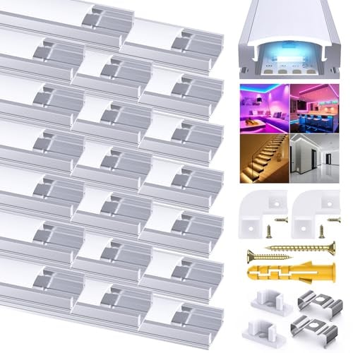 Chesbung 20 X 2m LED Aluminium Profil für Led Streifen/Stripes, U Form Kanal Aluprofil Eckprofil Alu Profile, Leiste Diffusor with Milchig Weißer Abdeckung, Montageclips und 90 Grad Eckverbindern
