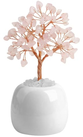 VLYX Rosa Quarz Lebensbaum - Handgemachte Rosenquarz Natürliche Edelstein Dekoration Skulptur für Schreibtisch, Regal, Zuhause, Büro und Zen Akzent Geschenk für Frauen