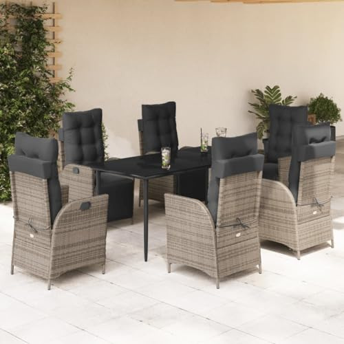Tonture 7-TLG. Garten-Essgruppe mit Kissen Grau, Poly Rattan, verstellbare Relaxsessel, gehärtete Glasplatte, für Terrasse & Balkon, UV-beständig