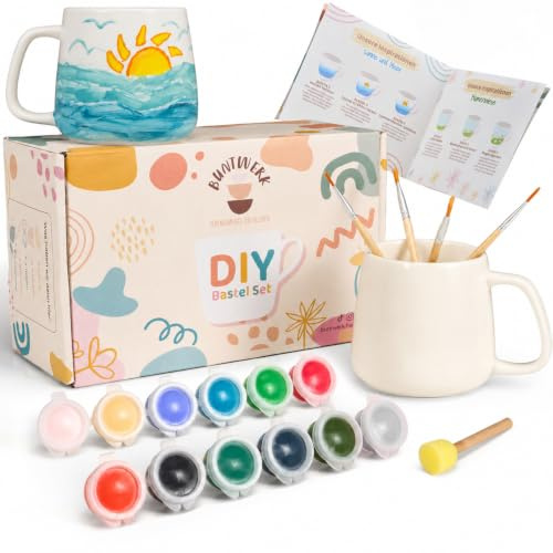 Generisch Keramik Bemalen Set – DIY Keramik Selbst Bemalen Set für Zuhause – Tassen Bemalen Set mit leuchtenden Farben & Keramikpinseln – Kreatives Ceramic Painting Set für Erwachsene & Kinder