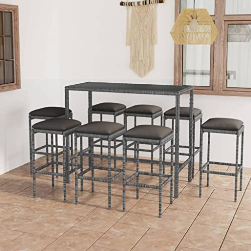 QUAHEAS Ensemble de 9 meubles de jardin avec coussins, polyrotin gris, table haute en verre trempé et 8 tabourets de bar pour terrasse, balcon