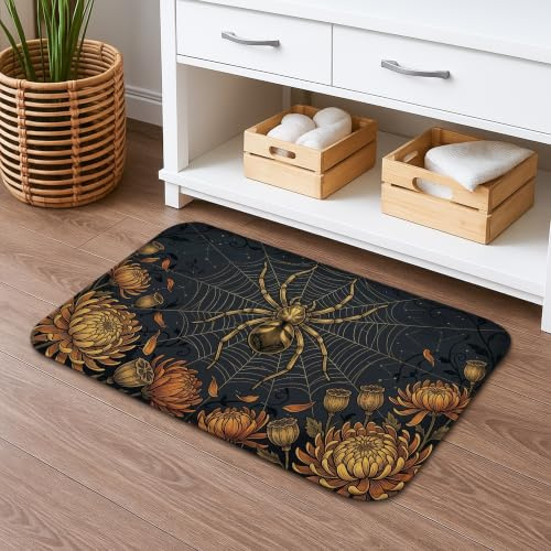 Alfombra de baño de araña, diseño gótico de crisantemo de Halloween, color negro, de secado rápido, absorbente, para baño, baño, decoración de suelo, 20 x 32 pulgadas