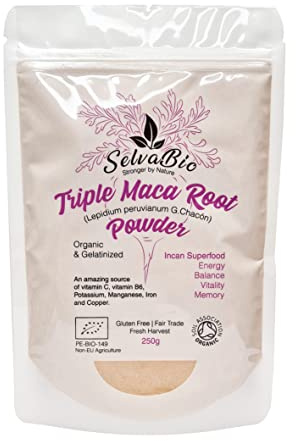 SelvaBio Triple Maca Root Powder 250 g from Peru, Certified Organic, Gelatinised Blend of Red, Yellow and Black Maca in Equal Proportions, Vegan Society Certified, for Smoothies, Shakes & Baking