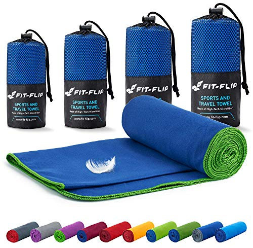 Fit-Flip Mikrofaser Handtücher Set – 18 Farben, viele Größen – kompakt & schnelltrocknend – das perfekte Trainingshandtuch, Travel Towel, Strandtuch (100x200cm, Dunkelblau - Grün)