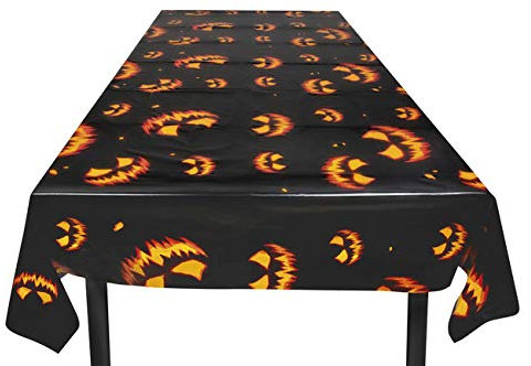 Boland 72309 - Tischdecke Gruseliger Kürbis, Größe 120 x 180 cm, Schwarz-Orange, Kunststoff, Tischdekoration, Geburtstag, Party, Halloween