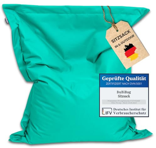 BuBiBag Riesen Sitzsack XXL mit Füllung, Outdoor Sitzsäcke für Kinder und Erwachsene, Beanbag mit waschbarem Bezug & über 3 Mio. EPS-Perlen (Türkis 190x145cm)