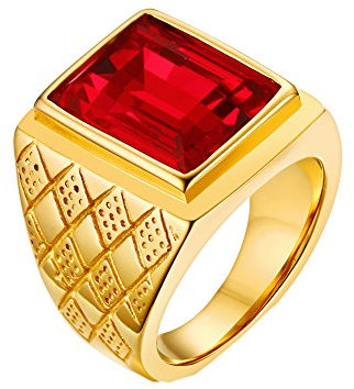 PAMTIER Herren 18K Gold Überzogen Fett Gedruckt Edelstahl Ringe mit Rot Stein Größe 54 (17.2)