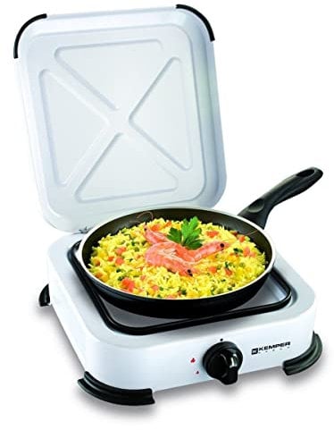 KEMPER - Hornillo de gas de camping 1 fuego 1300 W, color blanco rejilla extraíble 4 patas