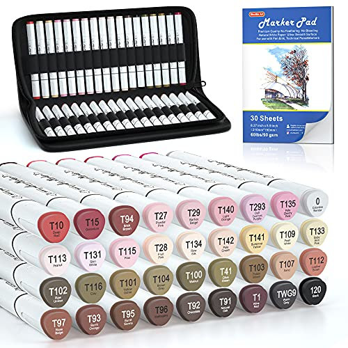 Shuttle Art 36 Colours Skin Tone & Hair Alcohol Markers, Dual Tip Art Pens and Colourless Blender 1 Carrying Case 1 Marker Pad, Felt Tip Pens Perfect for Kids & Adults Portrait, Comic, Anime, Manga