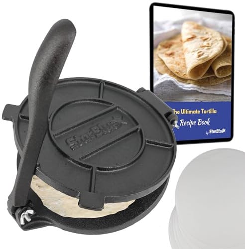 20.5cm Cast Iron Tortilla Press by StarBlue with FREE 100 Pieces Oil Paper and Recipes e-book - Tool to make Indian style Chapati, Tortilla, Roti