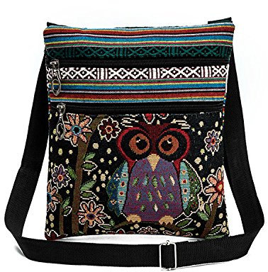BEAUTYBIGBANG Umhängetasche im Ethno-Stil, Doppelreißverschluss, Eule, Jacquard, Schultertasche, diagonale Tasche, Kuriertasche, Eule, bedruckt, Bohemian-Stil, Einkaufstasche für Damen