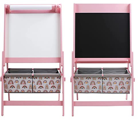 Natsen Kindertafel Staffelei Holz Standtafel, beidseitiges magnetisches Whiteboard und Kreidetafel, Schülerschreibtafel mit Papierrolle, 2 Stoffboxen, Kindermöbel Rosa (93 x 54 x 45cm)