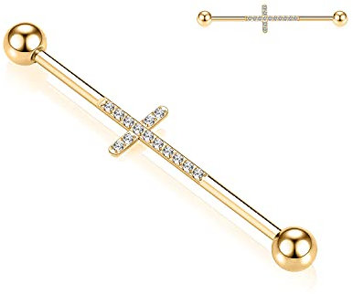 14G Industrial Piercing Schmuck Gold Chirurgenstahl Industrielle Langhantel 38mm Lange Gerüststange Industrielle Stange mit Kreuz CZ Gepflasterter Knorpelohrring Helix Barbell für Damen Herren