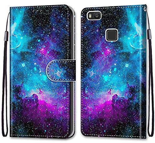 Mo-Somnus Kompatibel mit Huawei P9 Lite Hülle, Leder Handyhülle mit Kartenfach Geld Slot Ständer PU Ledertasche TPU Bumper Wallet Flip Brieftasche Magnetische Schutzhülle Case Etui (Himmel)