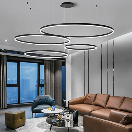 Pendelleuchte LED Esstisch Lampe Mit Fernbedienung Hängeleuchte Dimmbar Höhenverstellbar Kronleuchter Wohnzimmer Pendellampe Metall Ring Acryl Deckenleuchte Esszimmer Hängelampe Küchen,Schwarz,4 rings