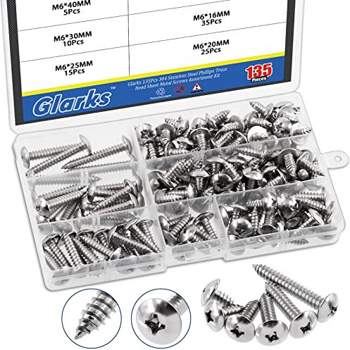 Glarks 135 Stück M6 x 12 mm/16 mm/20 mm/25 mm/30 mm/40 mm 304 Edelstahl Phillips Traversenkopf Blech Tek Schrauben Sortiment Kit, 6 Größen metrischer Flachkopf, selbstschneidende Holzschrauben Set