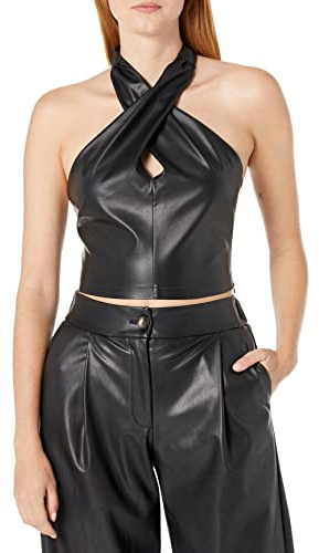 The Drop Gage - Top halter de cuero vegano con giro frontal para mujer, color negro, talla M