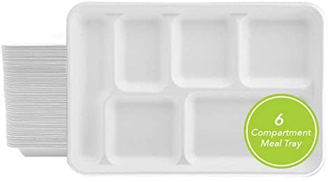 Three Leaf 6 COMPARTMENT BAGASSE TRAY 50 Ct. Heavy-Duty- Super Strong- Natural- Eco-Friendly Disposable Bagasse Plates, 100% Biodegradable 6 Compartment meal Plates