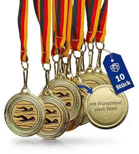 Pokal-Fabrik - Schwimm-Medaillen 10er Set Metall mit Wunschtext - Schwimmermedaille golden zum Umhängen für Siegerehrungen - Medaillen Kinder mit Deutschlandband & Emblem für Vereine & Turniere